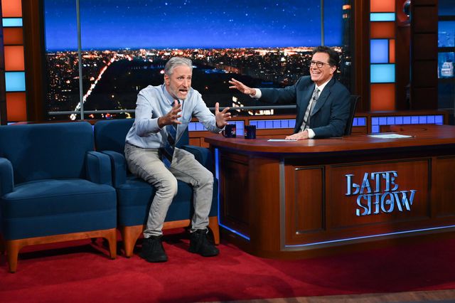 A photo of Jon Stewart and Stephen Colbert on The Late Show